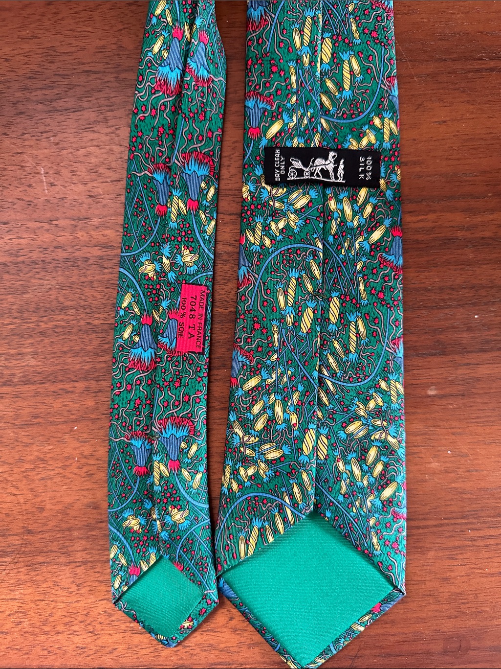 Herms Green Silk Tie With Blue Yellow And Pink Accents